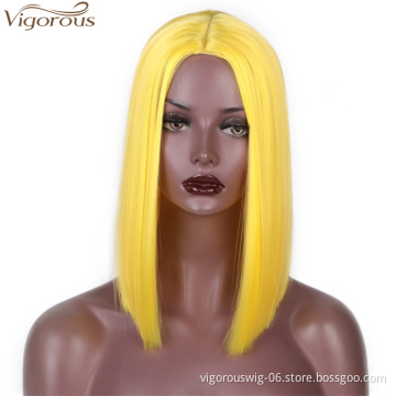 Vigorous Top Quality Short Bob Silky Straight Middle Part Yellow Color Wig Heat Resistant Synthetic Cosplay Wigs For Black Women